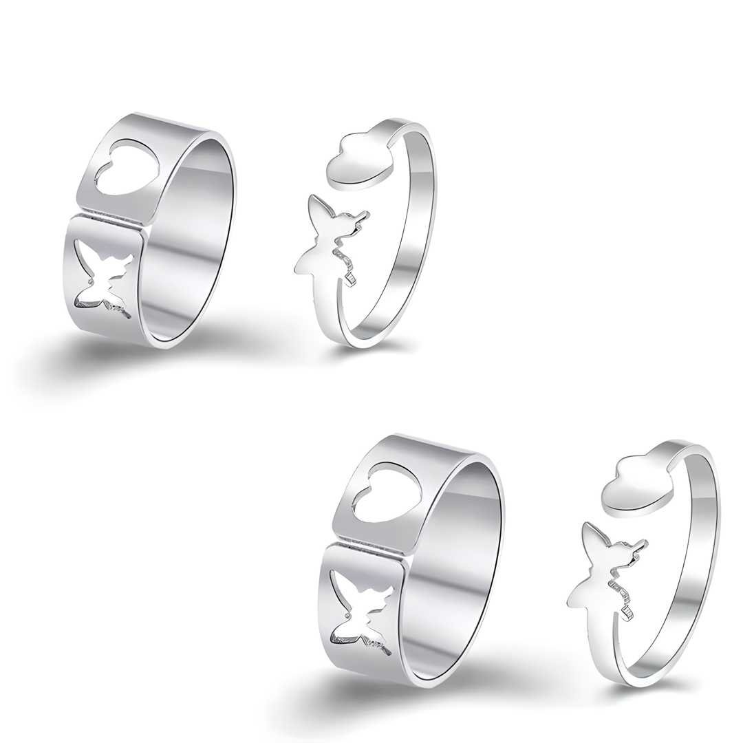 AVR JEWELS Combo of 2 Stylish Silver Plated Heart and Butterfly Couple Rings - Image 2