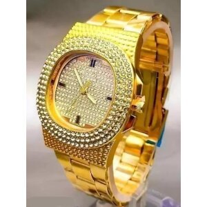 Golden Stone Studded Diamond Wrist Watch For Boys & Men