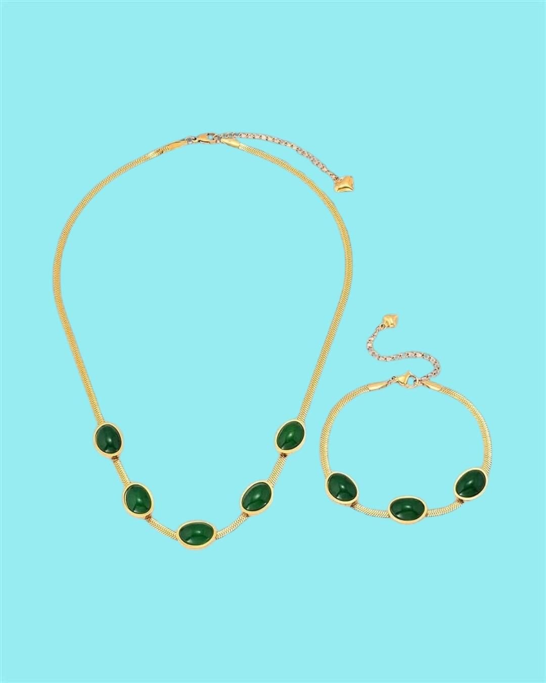 Oval Green Crystal Pendant Necklace Set With Bracelet - Image 2