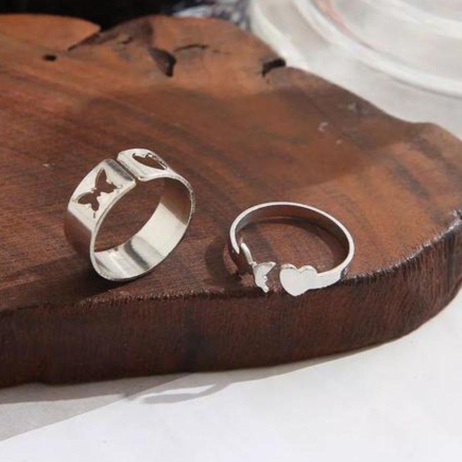 AVR JEWELS Combo of 2 Stylish Silver Plated Heart and Butterfly Couple Rings - Image 3