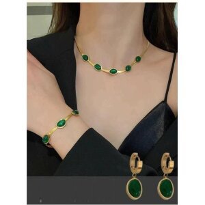 Oval Green Crystal Pendant Necklace Set With Bracelet