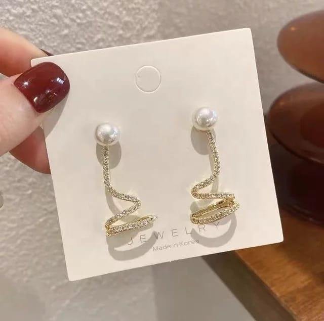 AVR JEWELS Stunning Gold Plated Twisted Geometrical Pearl Rhinestone Classy Korean Earrings - Image 2