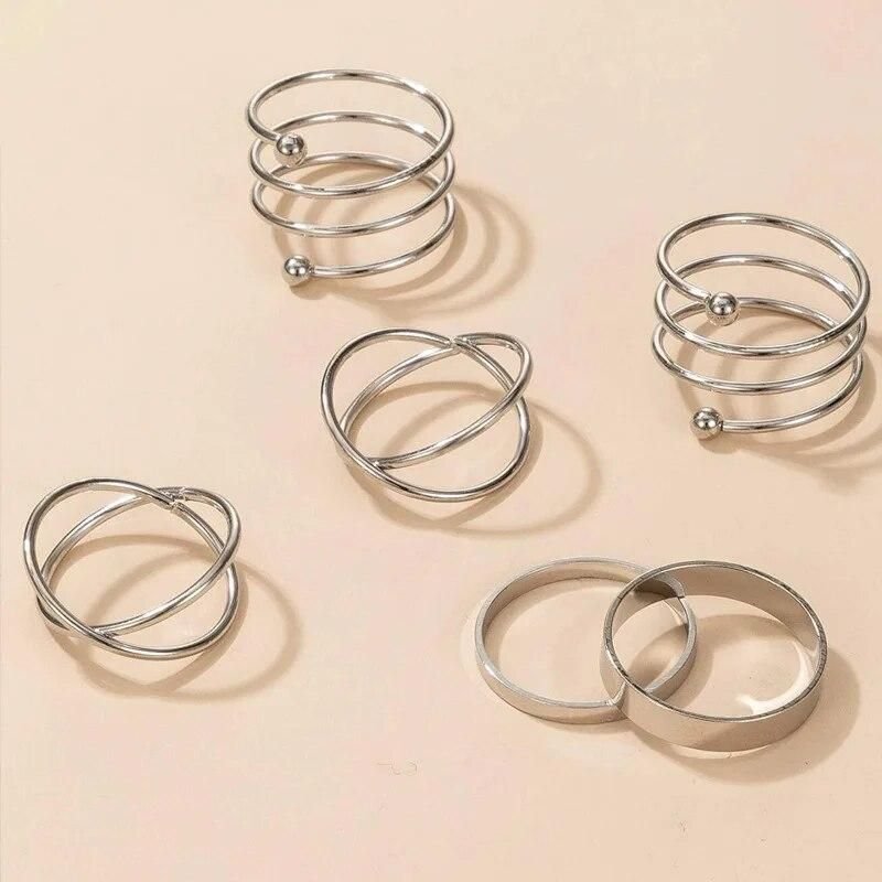 Silver Color Round Hollow Geometric Fashion Cross Twist Open Ring Set Joint (6Pcs) - Image 3