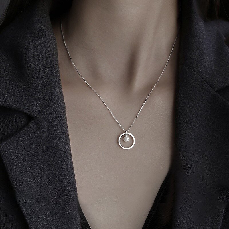 Modern Pearl Necklace, Mother of The Bride or Groom Gift, Double Circle, Pearl - Image 3