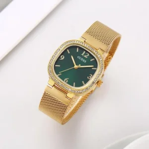 Luxury Guess Tapestry Watch Gold Green For Women (SUP1922)